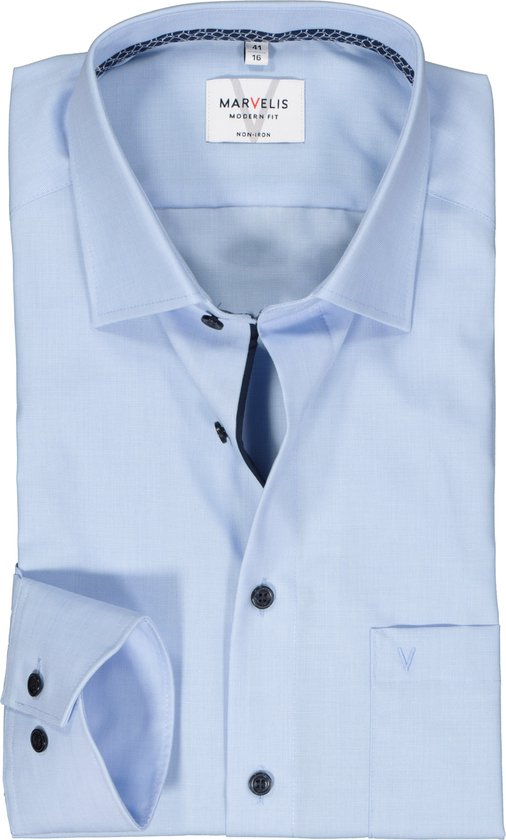 MARVELIS modern fit overhemd - mouwlengte 7 - structuur - lichtblauw - Strijkvrij - Boordmaat: 45