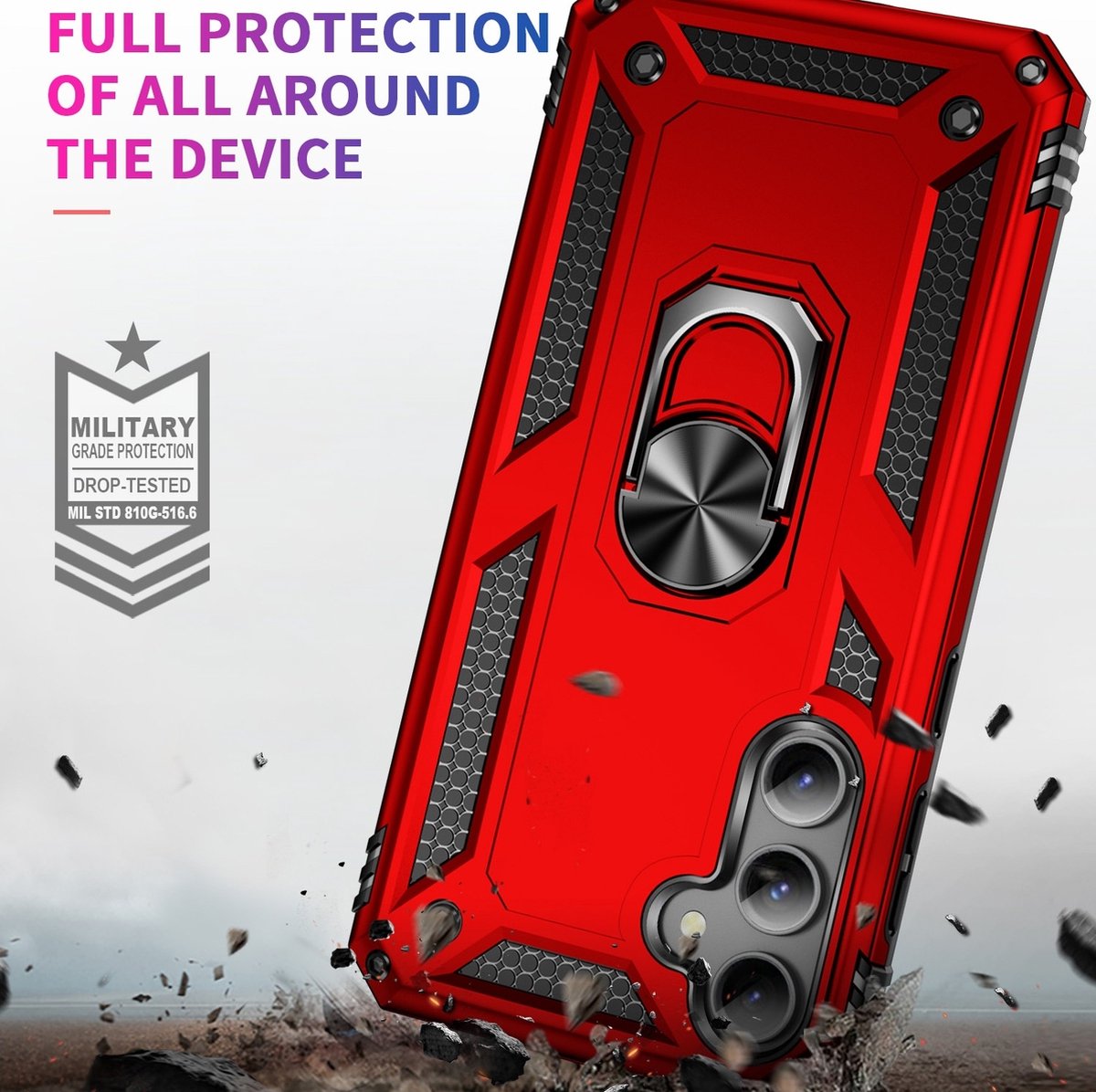 Mobigear Hoesje geschikt voor Samsung Galaxy S23 FE Telefoonhoesje Hardcase | Mobigear Armor Ring Backcover Shockproof met Ringhouder | Schokbestendig Galaxy S23 FE Telefoonhoesje | Anti Shock Proof - Rood