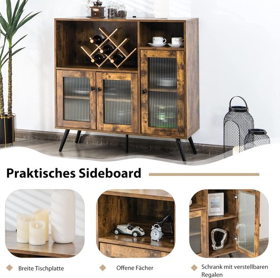 HOMCOM Eetkamerdressoir met 2 glazen deuren, 120 x 40 x 90 cm, verstelbare planken, 2 laden, 1 kast van natuurlijk hout en wit