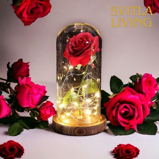 Zijde Roos in Glas Stolp Rose Kunstroos | Cadeau voor Vriendin | Vrouw | Mama | Oma | Belle en het Beest | Glazen | Rood - 22CM - Eeuwige roos onder LED-glazen koepel — Romantisch cadeau voor Valentijnsdag, Jubileum, Bruiloft, Moederdag