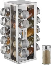 draaibaar kruidenrek, 20 potjes, rvs, glas, staand rekje voor kruiden HxD 33 x 20 cm, kruidencarrousel, zilver
