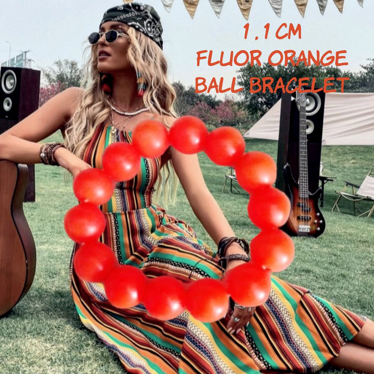 Fashion Jewelry - Going Retro® - Kunststof ballen op rekband - armband - 1,1 cm - fluor / neon oranje - volwassenen jeugd - unisex - casual feest carnaval festival