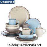 CasaVibe Serviesset – 16 delig – 4 persoons – Porselein - Luxe – Bordenset – Dinner platen – Dessertborden - Beige Blauw