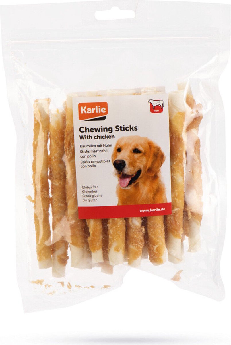 4x Karlie kippenkauwstaafjes - hondensnacks kip - kauwkluifjes met kip runderhuid - voordeelverpakking - kipstokjes 20st