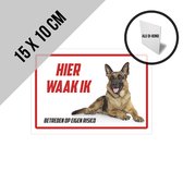 Waakbord/ waakbordje alu di-bond | "Hier waak ik" | Duitse Herder | 15 x 10 cm | Herdershond | Hond | Dog | Gevaarlijke hond | Afschrikmiddel | Deurbordje | Roestvrij | Dikte 3 mm | 1 stuk