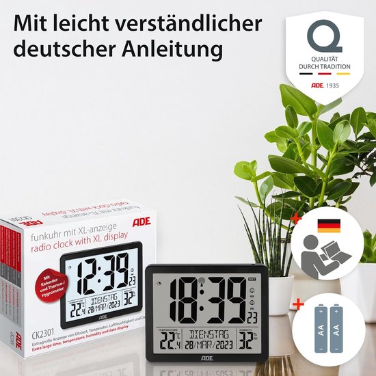 ADE Digitale XL Radiogestuurde Klok Met Zeer Grote Cijfers Tafelklok Wandklok 2 Wektijden En Verlichting Thermometer Hygrometer Slank Frame In Mat Zwart 661838319