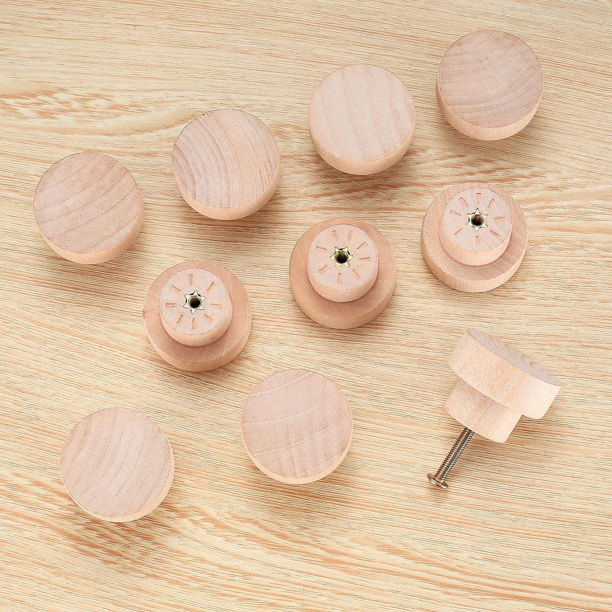 Bosdontek 12 stuks ronde meubelknoppen, houten kastknoppen, houten handgrepen, meubelgrepen voor kasten, deuren, ladegrepen, commodeknoppen met schroeven, houten knoppen voor commode, kasten, laden
