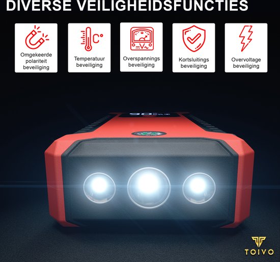 Rode jumpstarter met drie LED-lampen en veiligheidssymbolen voor omgekeerde polariteit, temperatuur, overspanning, kortsluiting en overvoltage.