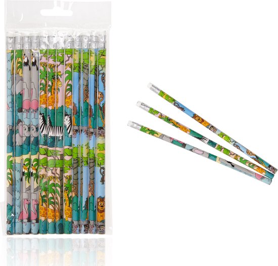 24 HB-dierenpotloden – Jungle & Bosdieren Thema, Met Gum, Perfect Als Cadeautje Voor Verjaardag, Eerste Schooldag Of Kerst