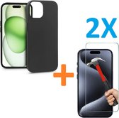 Soft TPU Zwart hoesje Silicone Case + 2 stuks Glas Screenprotector - Geschikt iPhone 15