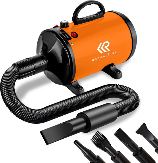 RobustRise Ultra Hondenfohn - 3800W - Oranje - Verstelbaar Vermogen - Waterblazer voor Honden - Hondenfohn met 4 Opzetstukken - Stil Design met geluidsdemper