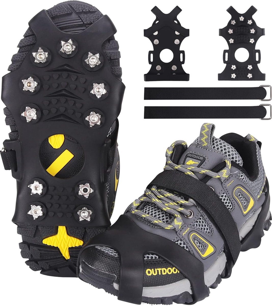 Schoenspikes, schoenklauwen, stijgijzers, grote voor bergschoenen, spikes voor schoenen, ijsspikes, sneeuwkettingen, schoenen, met 11 roestvrijstalen tandspikes voor winterschoenen