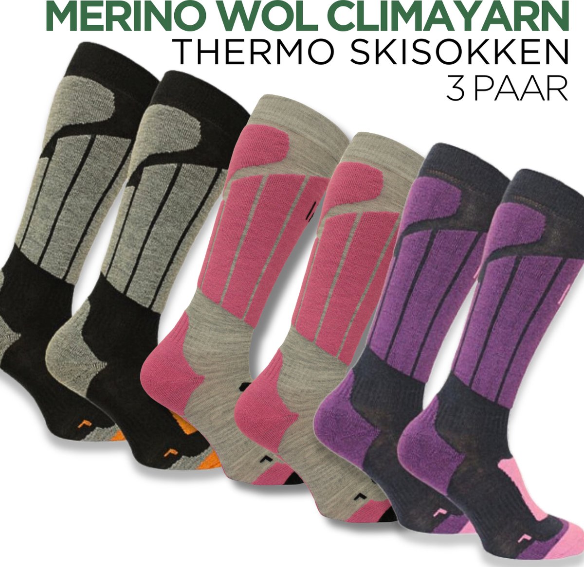 Norfolk Skisokken - 3 Paar - Anti zweet Merino wol Climayarn - Antiblaren Thermosokken - Skisokken met Schokabsorptie Zonedemping - Warm en Droog - Maat 39-42 - Roze/Paars/Zwart - Aspen