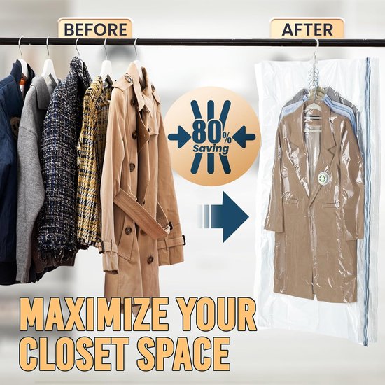 6 stuks vacuümzakken voor kleding om op te hangen, 70 × 110 cm, vacuümzakken voor kleding, transparant en herbruikbaar, voor kledingkast, voor jassen, jassen en jurken