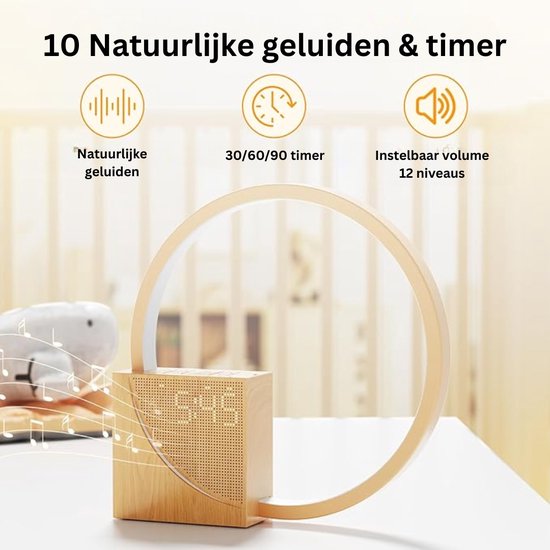 Led-bedlampje met Wekker, USB-oplaadaansluitingen, Touchscreen, Dimbaar, Wake-up light met Twee Alarmen, 10 Natuurlijke Geluiden voor Volwassenen en Kinderen, 3 Helderheidsniveaus voor Slaapkamer van Gingko — afbeelding 3