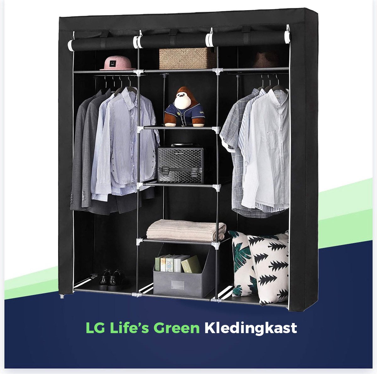 Life's Green Opvouwbare Kleerkast - 150 x 45 x 175 cm - Kledingrek met 9 opslag planken en 2 ophangstangen - Stoffen Kledingkast - 200 kg Draagvermogen - Zwart
