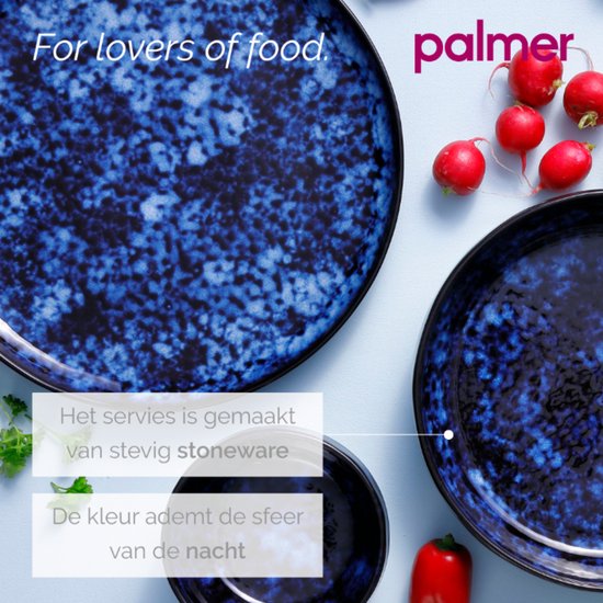 Blauw stoneware servies met spikkelpatroon, waaronder een bord en kom. Tekst "For lovers of food".