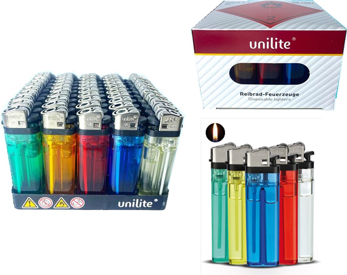 Goedkoopste 50 Stuks - vuursteen aanstekers - Unilite® - verstelbaar vlam - doorzichtig wegwerp aansteker
