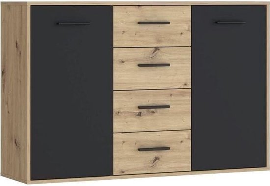 PILVI dressoir - Eigentijdse stijl - Melaminedeeltjes - Eiken en zwart decor - 2 deuren + 4 laden - L 122,6 x D 34,2 x H 81,7 cm