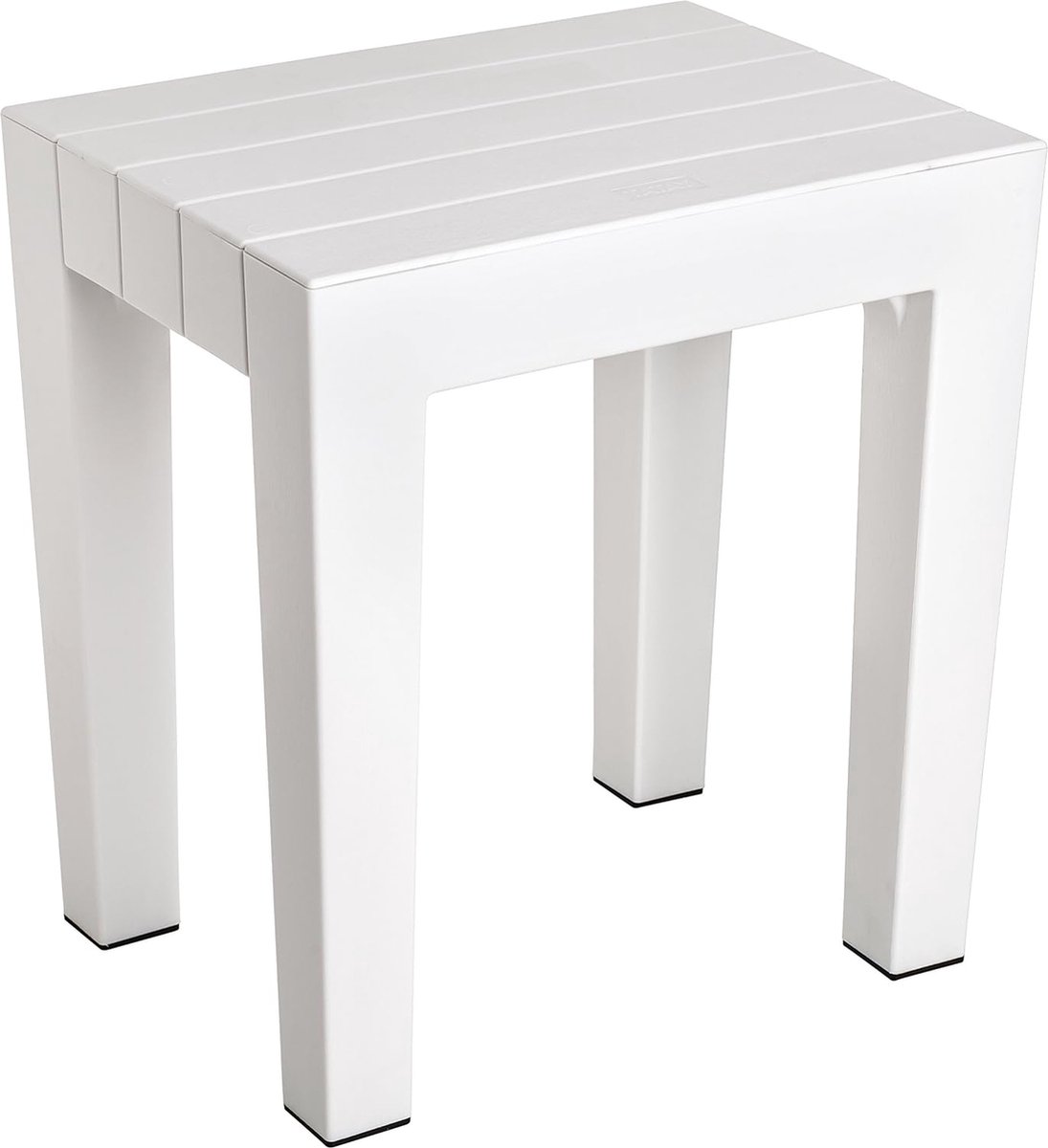 rechthoekige kruk van wit gestructureerd polypropyleen, met een houteffect afwerking. Anti-UV-bescherming, geschikt voor binnen en buiten. Maat 38x29x41m5 cm