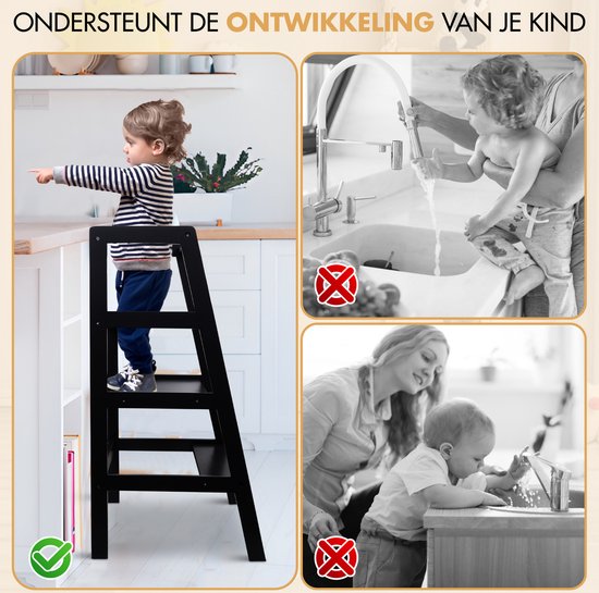 Leertoren Montessori | Zelfmontange | Leertoren Keukenhulp Keukentoren Leertoren Peuters Stabiel Zwart 1