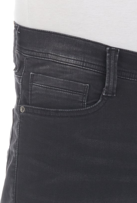 Donkergrijze denim jeans met coin pocket en metalen knoop.
