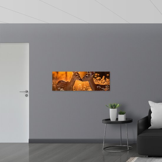 Muursticker - Dieren - Hertjes - Bloemen - Planten - Zon - 120x40 cm Foto op Muursticker