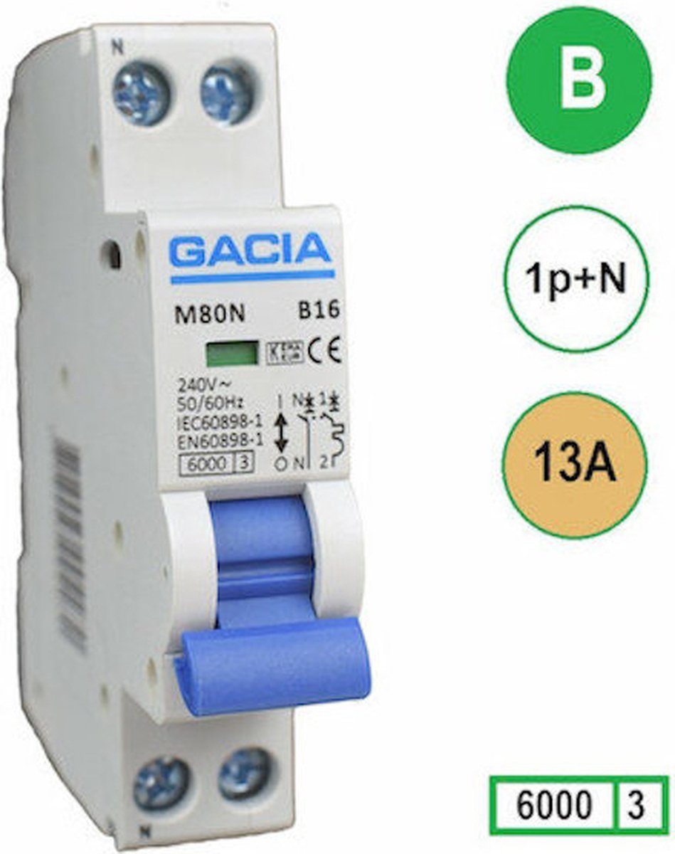 Gacia installatieautomaat 1P+N B13 6KA - M80N-B13