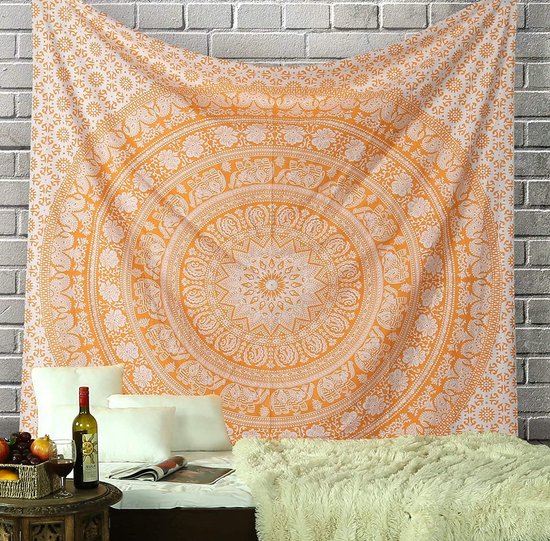 Indiase Mandala Wandtapijt - Decoratief Strandlaken Hippie Wandtapijt Olifant Gooi Wandtapijt - 274 x 228 cm - Oranje