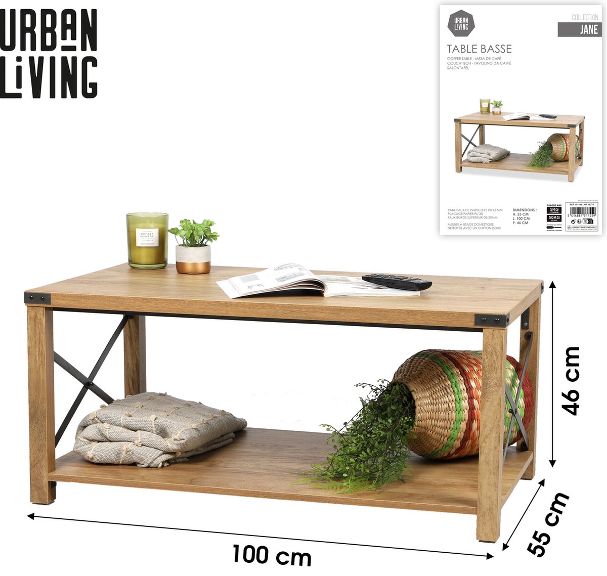 Urban Living "JANE" SALONTAFEL MET HOEKEN EN KRUISVERSTEVIGING IN METAAL 100X55XH46CM beige