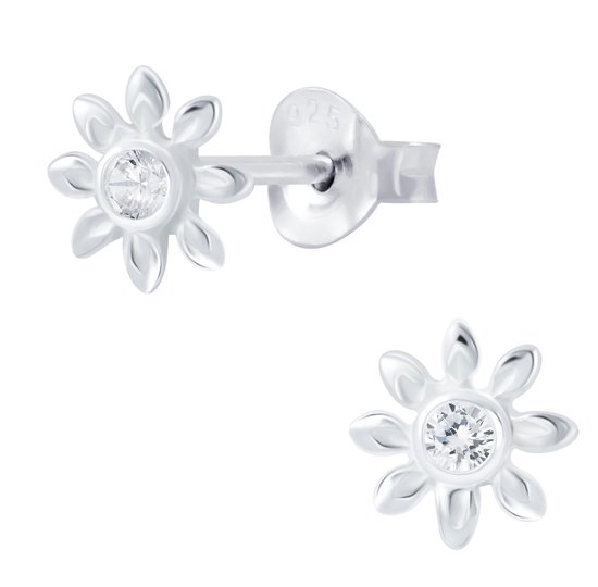 Joy|S - Zilveren bloem oorbellen - 7 mm - zirkonia