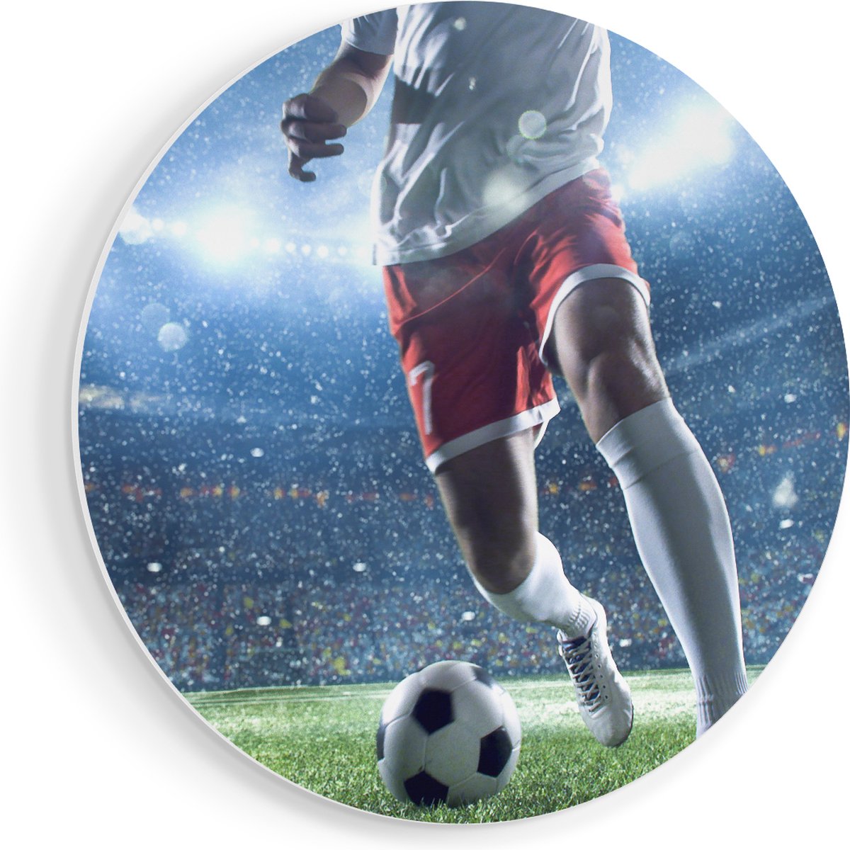 Artaza Forex Muurcirkel Voetbal Speler Met De Bal In Een Druk Stadion - 50x50 cm - Klein - Wandcirkel - Rond Schilderij - Muurdecoratie Cirkel