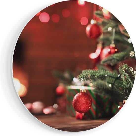 Artaza Forex Muurcirkel Kerstboom Met Rode Lichtjes En Kerstballen - 60x60 cm - Wandbord - Wandcirkel - Rond Schilderij - Wanddecoratie Cirkel