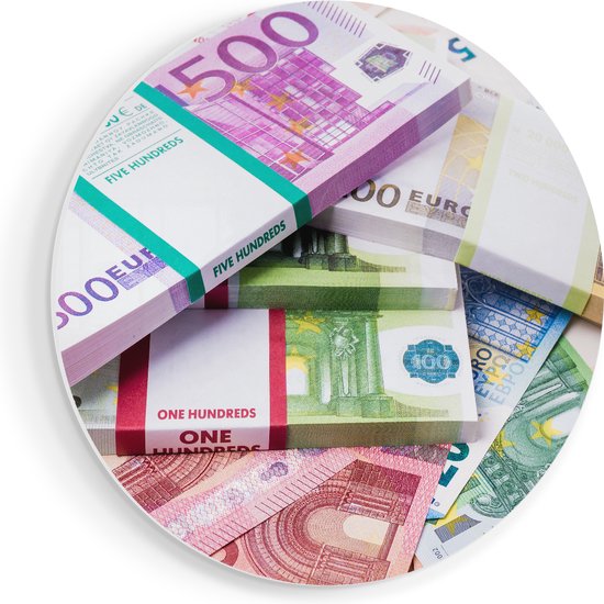 Artaza Forex Muurcirkel Euro Geld Briefjes - Stapels - 70x70 cm - Wandcirkel - Rond Schilderij - Wanddecoratie Cirkel - Muurdecoratie
