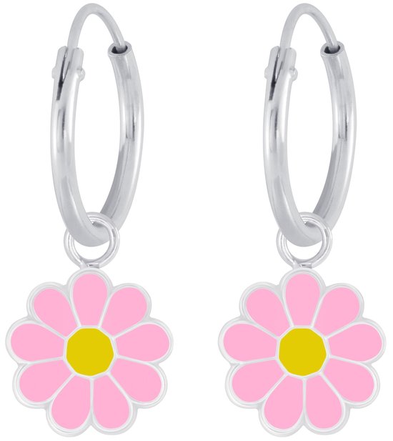 Joy|S - Zilveren bloem bedel oorbellen - madelief roze geel - oorringen