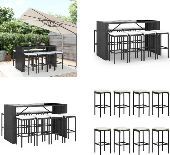 vidaXL Ensemble de bar de jardin 9 pièces avec coussins Polyrotin Noir - Ensemble de bar de jardin - Ensembles de bar de jardin - Ensemble de table de bar - Table de bar et tabouret