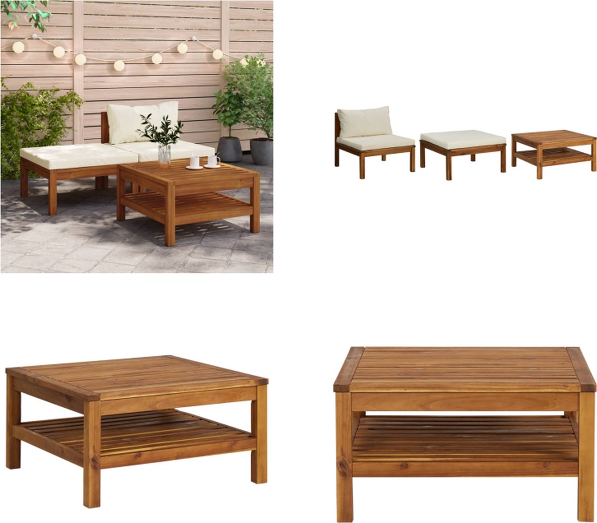 VidaXL 3-delige Loungeset met crèmewitte kussens acaciahout Loungebank Loungebanken Loungeset Loungesets