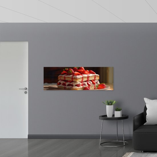 Muursticker - Eten - Cake - Fruit - Aardbeien - Bord - Lepel - 150x50 cm Foto op Muursticker