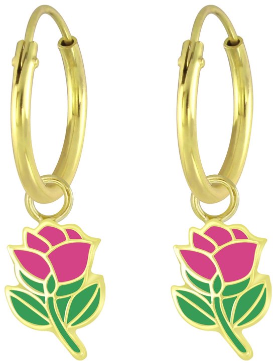 Joy|S - Zilveren bloem bedel oorbellen - roze roosje oorringen - 14k goudplating