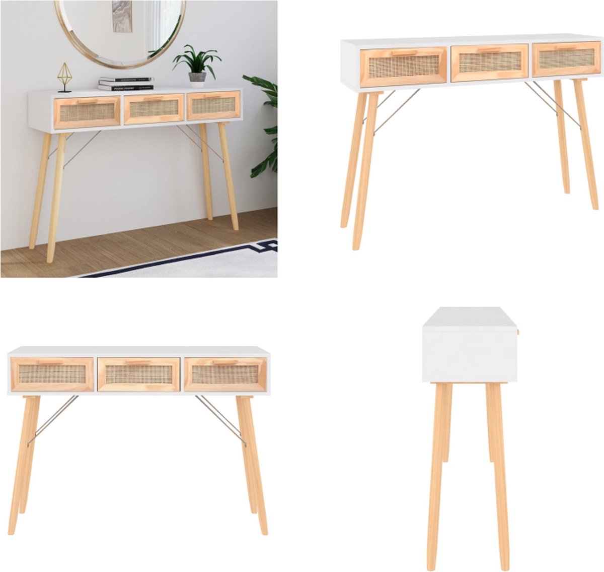 vidaXL Wandtafel - 105x30x75 - cm - massief - grenenhout - en - natuurlijk - rattan Wit