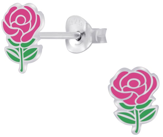 Joy|S - Zilveren bloem oorbellen -  roze roosje - 6 x 8 mm