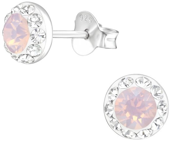 Joy|S - Zilveren classic ronde oorbellen - 6 mm oorknoppen - Swarovski kristal licht roze met wit