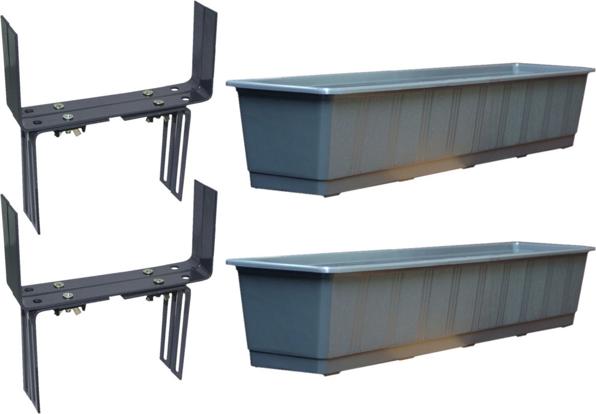 Set van 5 kunststof plantenbak antraciet grijs rechthoekig 80 cm met 10 verstelbare balkon/muurbeugels