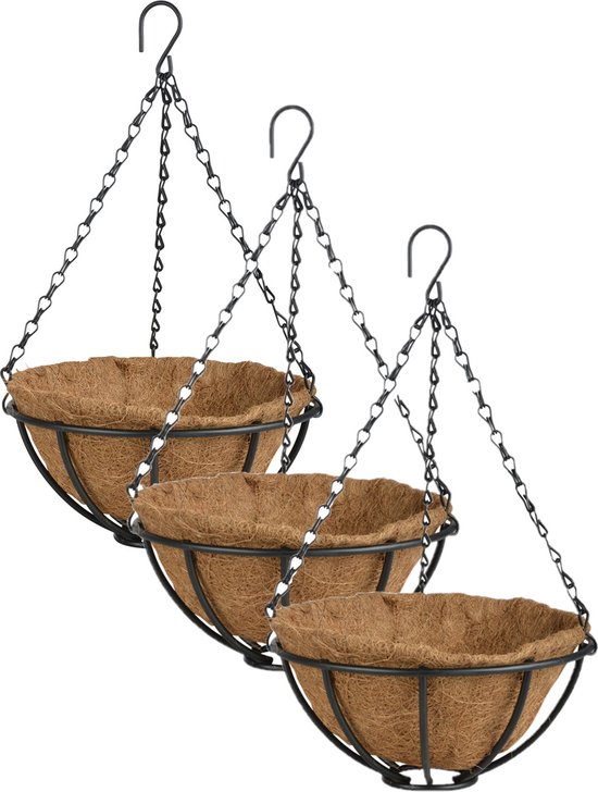 2 x paniers suspendus / jardinières en métal avec chaîne 25 cm avec incrustation de noix de coco