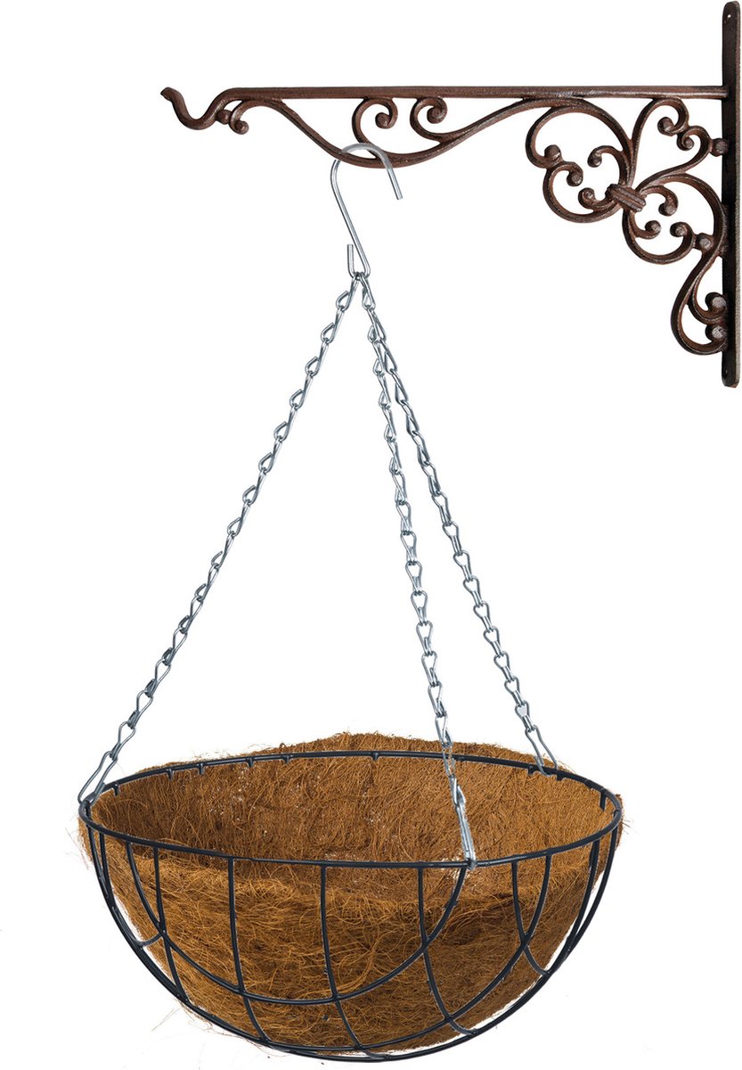 Hanging basket 35 cm met ijzeren muurhaak en kokos inlegvel - Complete hangmand set van gietijzer