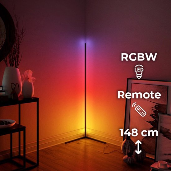 Noa Lampe d'angle LED sur pied Zwart 148 cm - Lampadaire à intensité variable avec télécommande - Lampe de jeu RGB - Cadeau d'anniversaire - Décoration salle de jeux