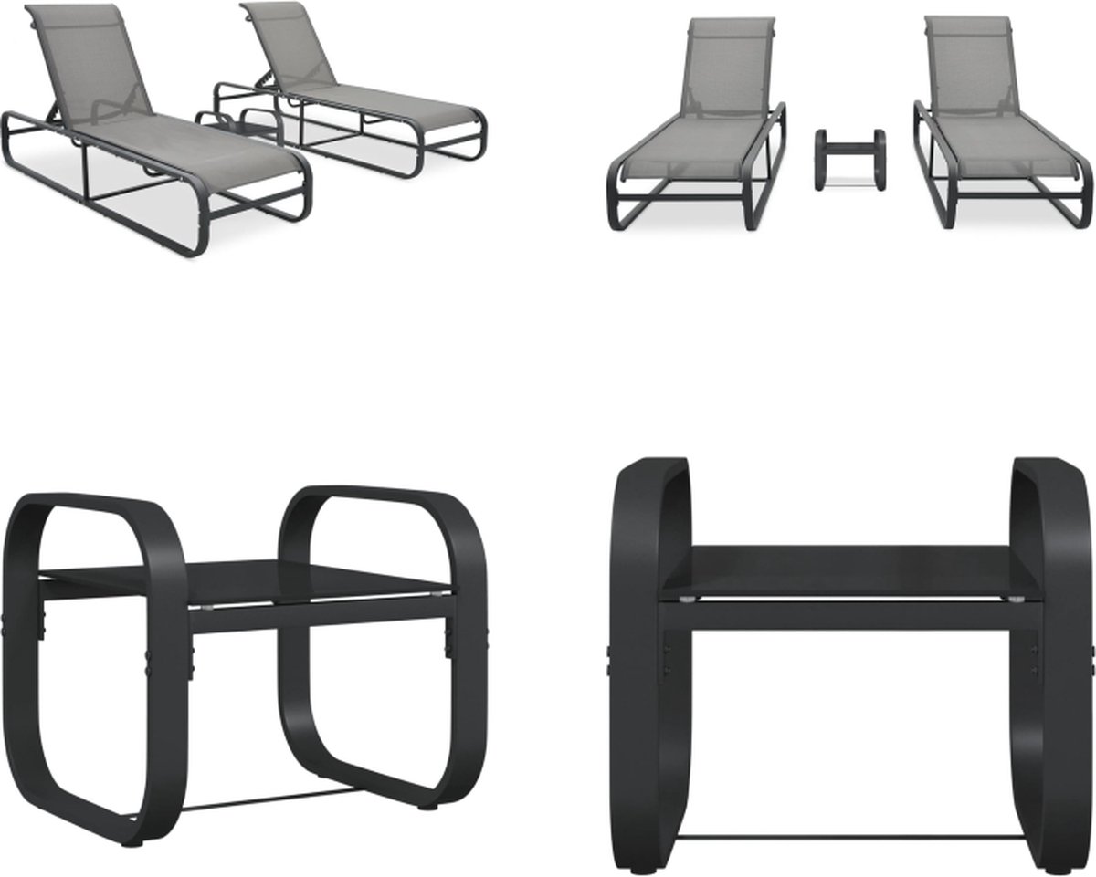 vidaXL Ligbedden 2 st met tafel textileen en aluminium - Zonnebed - Zonnebedden - Ligstoel - Ligstoelen