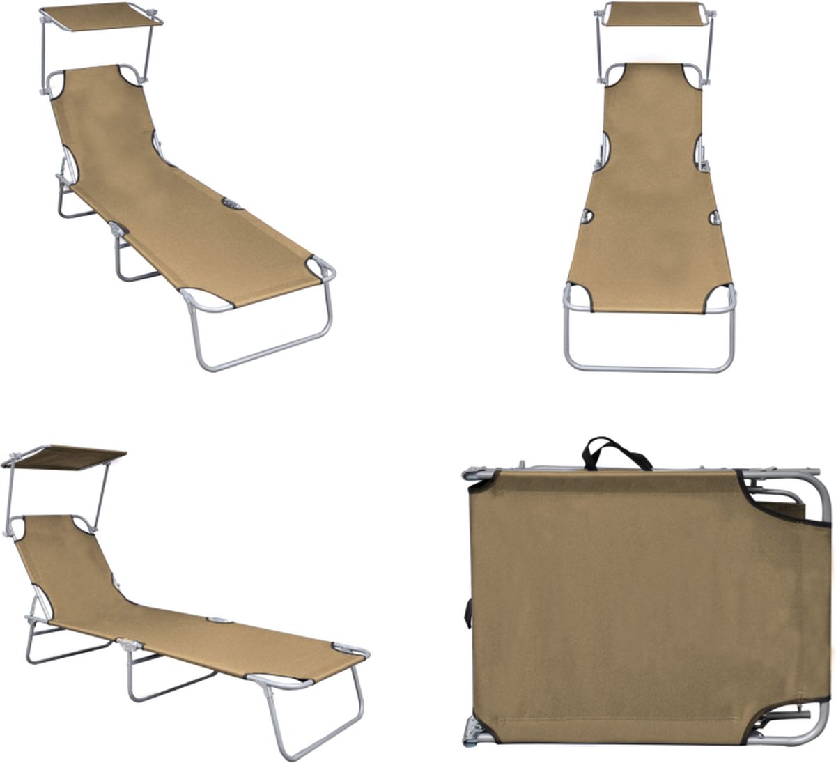 VidaXL Ligbed inklapbaar met luifel aluminium taupe Ligbed Ligstoelen Opklapbaar Ligbed Opklapbare Ligstoelen