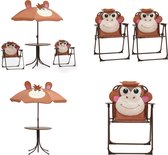 vidaXL Set de bistro 3 pièces pour enfants avec parasol Marron - Table et chaise de jardin - Tables de jardin et Chaises de jardin - Set de table de jardin - Ensembles de table de jardin