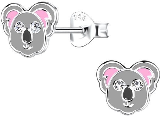 Joy|S - Zilveren koala oorbellen - grijs met roze oortjes - 8 x 7 mm - kristal - kinderoorbellen